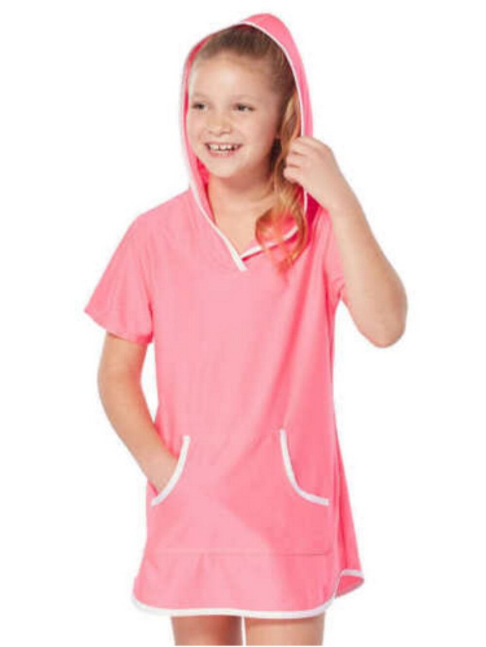 Free Country Youth Girl's Swim Sun Mesh Hooded Kangaroo Cover Up- PINK- XS